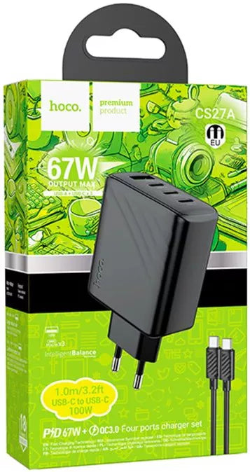 Hoco CS27A 67w GaN PD/QC 3xUSB-C/USB-A ports fast charger + USB-C to USB-C Cable Black
