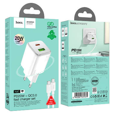 Hoco 2 Port Wall Charger Type C - Type C Cable Set PD20W + QC3.0