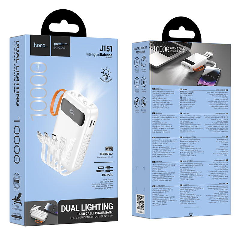 Hoco Power Bank J151 Fast Charge 10000mAh PD Type-C 20W and USB-A and Dual Light (4 charging cables)